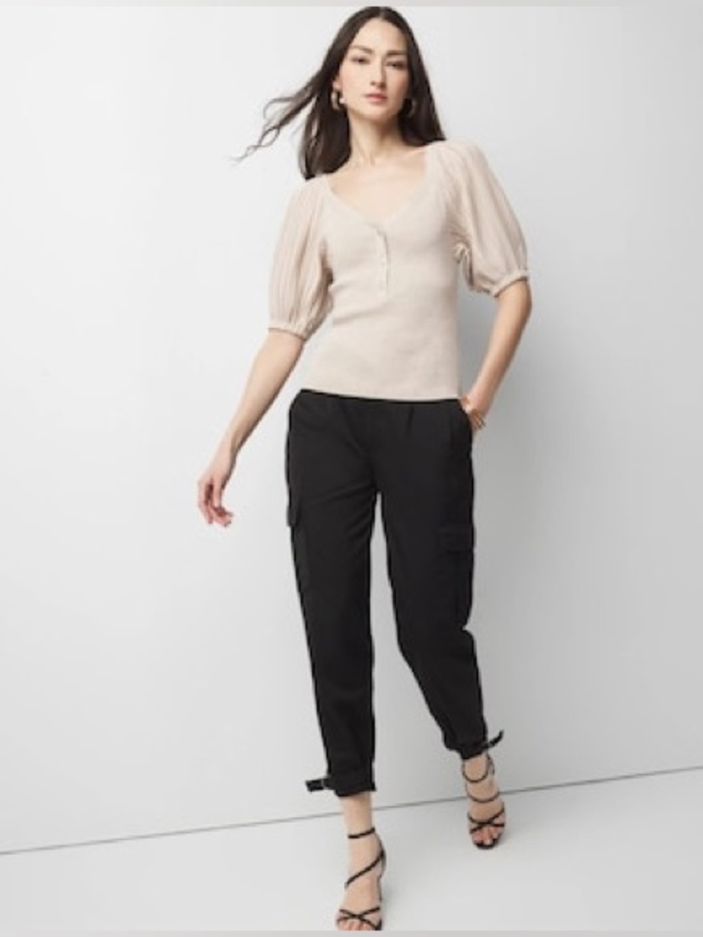 WHBM Pleated Puff-Sleeve Henley Sweater woman’s Size Medium